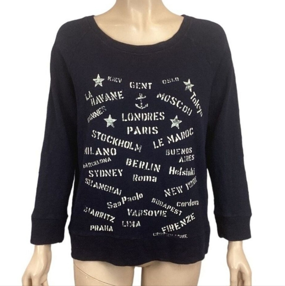 J Crew Women's navy top w white Graphic letters. Size small. Excellent condition